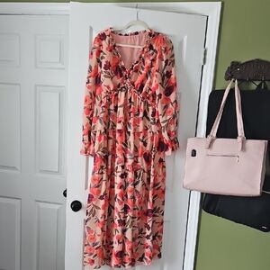 Floral V-Neck Long Sleeve Midi Dress in Peach